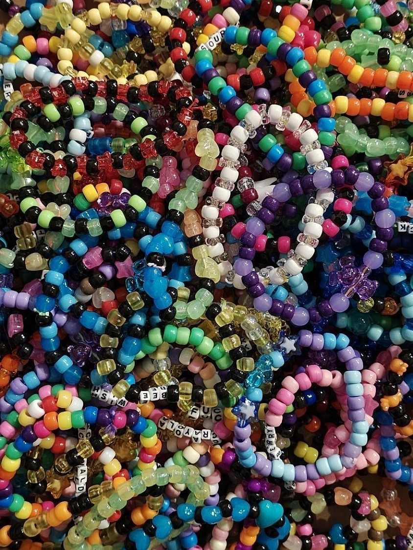 Even our kandi supplies are made with 75% upcycled beads! Artist 'Puppy' was a raver in the early 2000's and had a MASSIVE collection of kandi. These beads have been broken down and recycled!